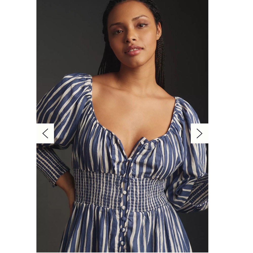 By Anthropologie Sweetheart Midi Dress Women 3XL Blue Striped NWOT Long Sleeve - Picture 2 of 10